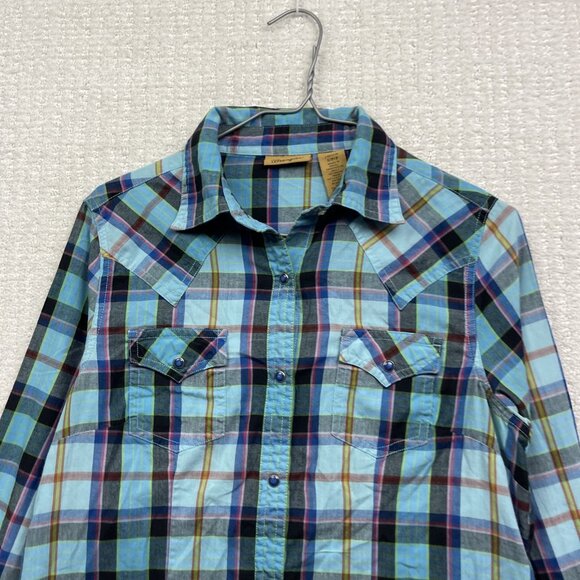Wrangler Shirt Womens S Blue Plaid Retro Western Pearl Snap Long Sleeve Boho - Picture 4 of 13